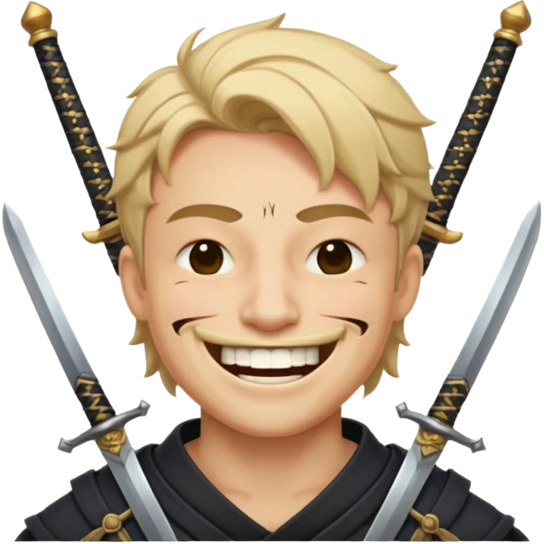 Haz que tenga una sonrisa epica una cicatriz en el ojo serrado y una espada entre los dientes y dos más a cada lado emoji