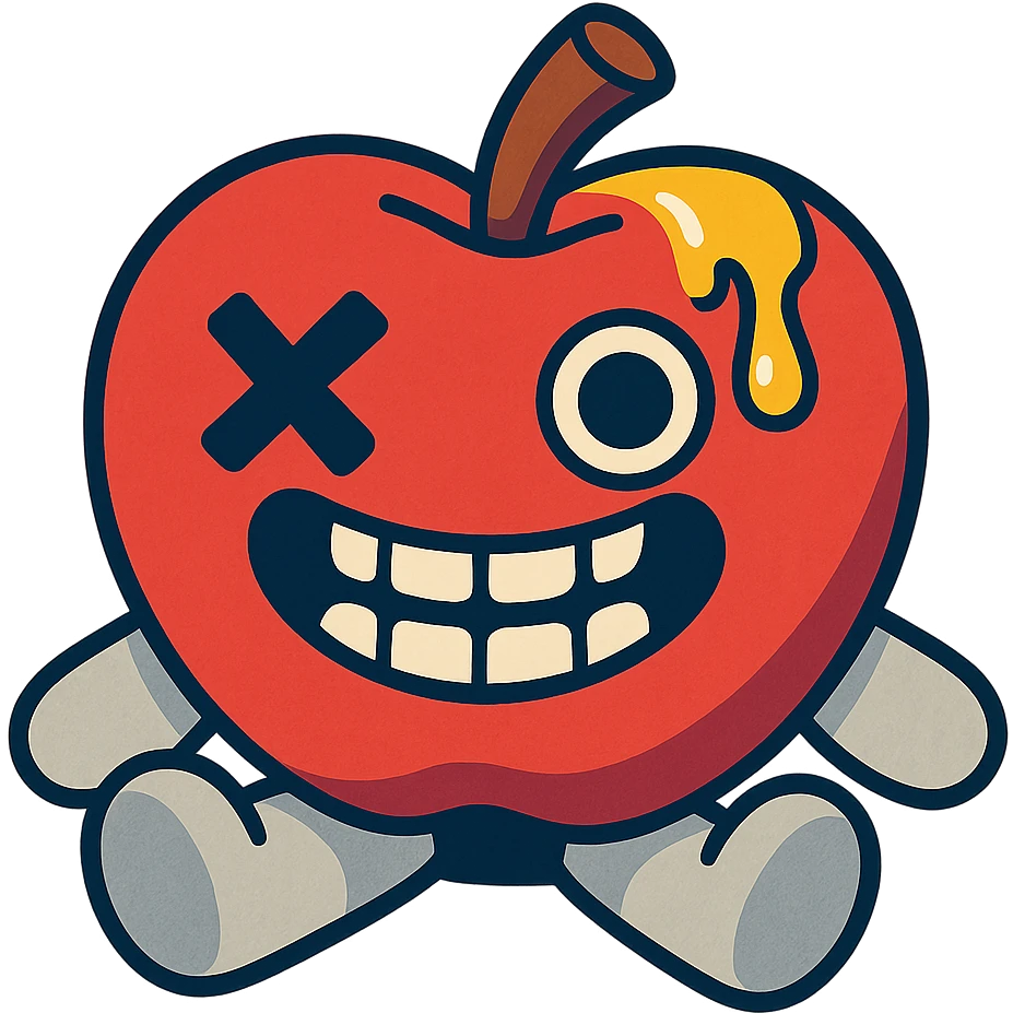 plush apple character with soft light grey limbs, left eye replaced by stitched X, golden ichor oozing from stem, wide toothy grin, no leaf emoji