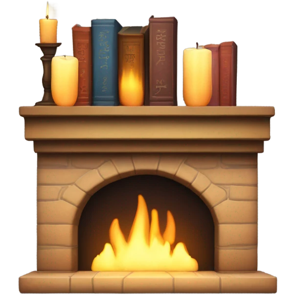 Fireplace with books and candles on the mantle emoji