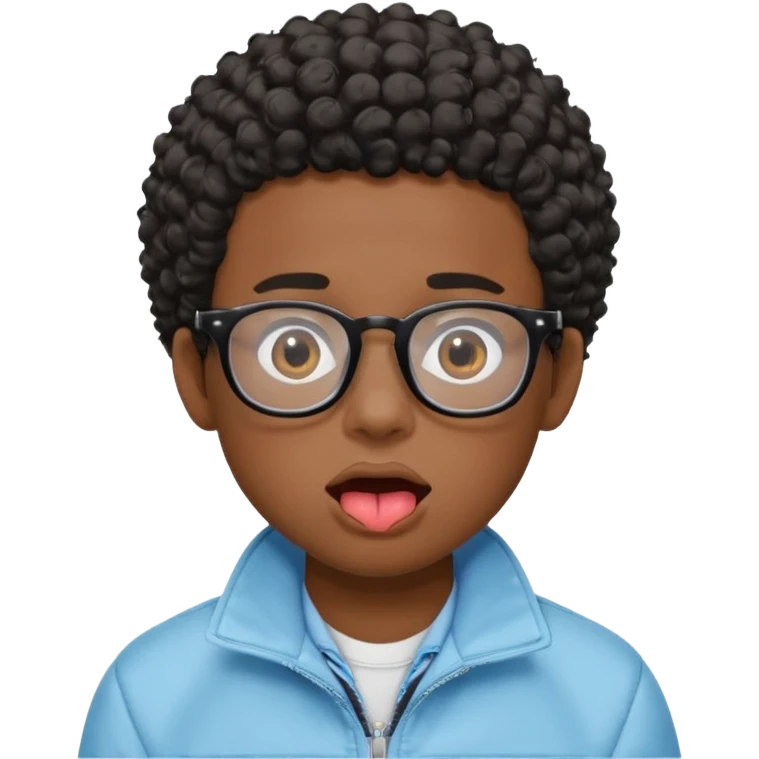 A dark-skinned boy with short curly hair, wearing square black-framed glasses, is sticking out his tongue and is wearing a light blue jacket. The figure is seen from the shoulders up. emoji