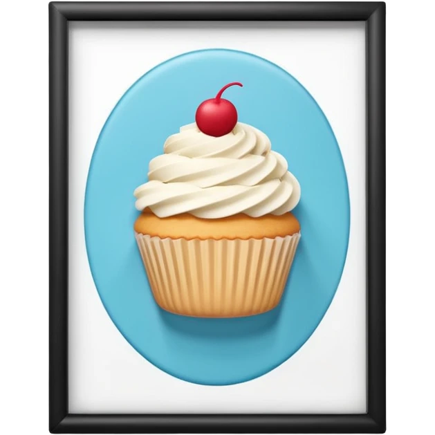 A 3D cartoon cupcake advertisement poster hanging on a wall, visible border, flat lighting, Memoji-style. emoji