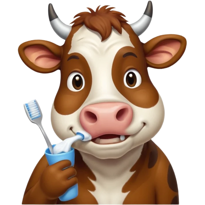 A cow brushing its teeth, looking sleepy and drowsy, portrait, bust up emoji