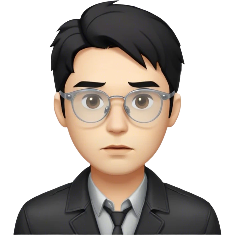 The person (male) has a sharp jawline, with hollow cheeks ,slightly messy hair (black) falling over their forehead. They are wearing transparent glasses with a , a collared shirt, and a dark jacket. Their lips are slightly pursed, and they have a calm, neutral expression. emoji