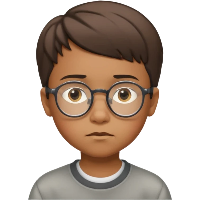 niño de 10 años, moreno, con gafas de ver y pelo corto, expresión pensativa emoji