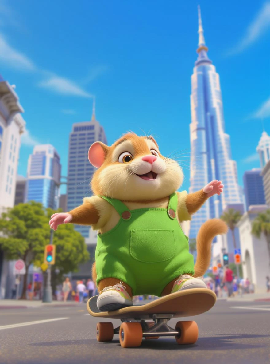 Disney style Cinematic still scane, Low angle shot, hamster dress in green outfit, monkey ride on skateboard, san francisno downtown with city lanscape, blue clean sky, captured by ARRI Alexa XT, soft cinematic lightning, back light, inspired by ToyStory 4 emoji