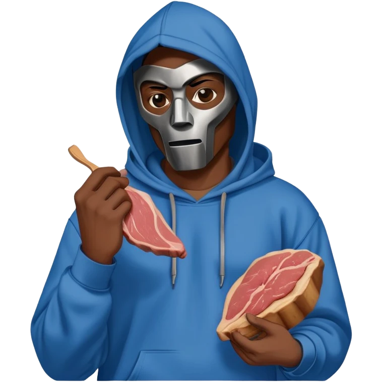 MF DOOM in a blue hoodie holding a piece of meat emoji