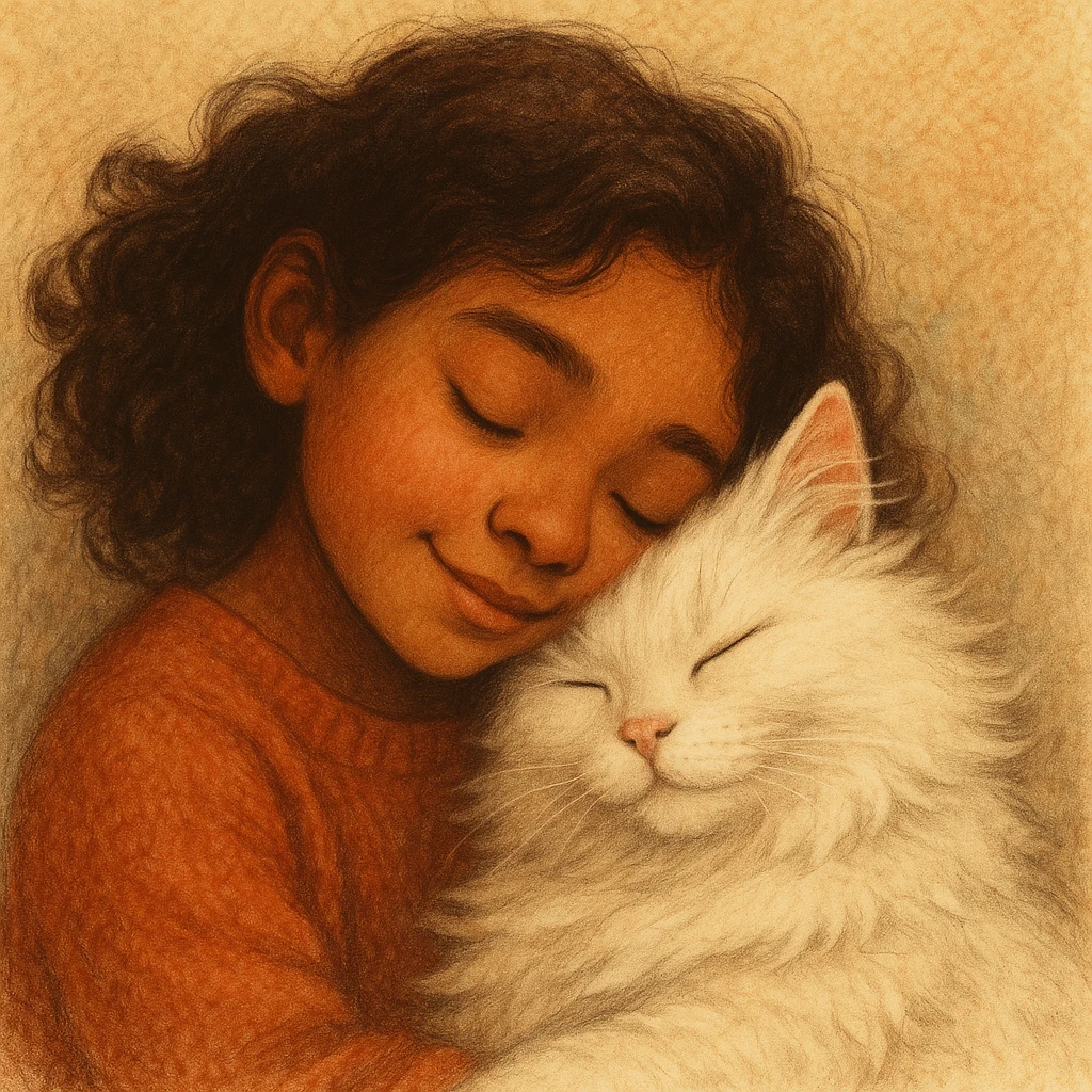brown girl snuggling fluffy white cat, style 2 emoji