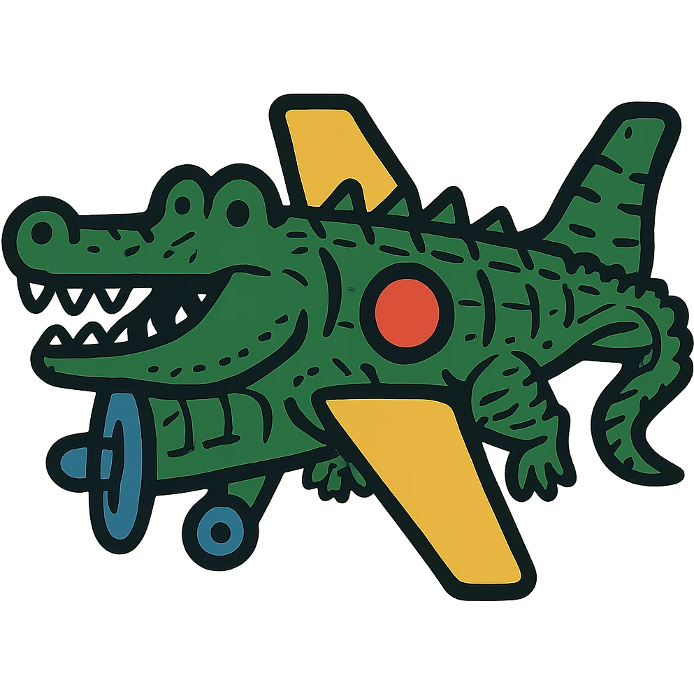 Make the war plane and crocodile fusion much more crocodile-like, emphasizing crocodile features such as the head, scales, teeth, and tail, while keeping the original bold illustrative style. Maintain a transparent background. emoji