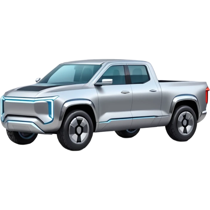 A futuristic electric pickup truck emoji, silver chrome body, angular cyber design, smooth metallic panels, subtle reflections, minimalistic proportions, iOS emoji style, centered composition, clean white background, soft lighting emoji