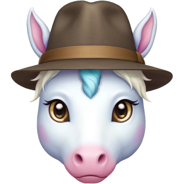 unicorn face cute wearing fedora, horn piercing through the hat looking in the camer emoji
