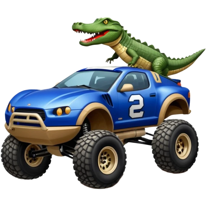 Dirty Joke’s Midnight-blue Local Motors Rally Fighter off road race car being driven by a five foot tall alligator over a dirt ramp  emoji