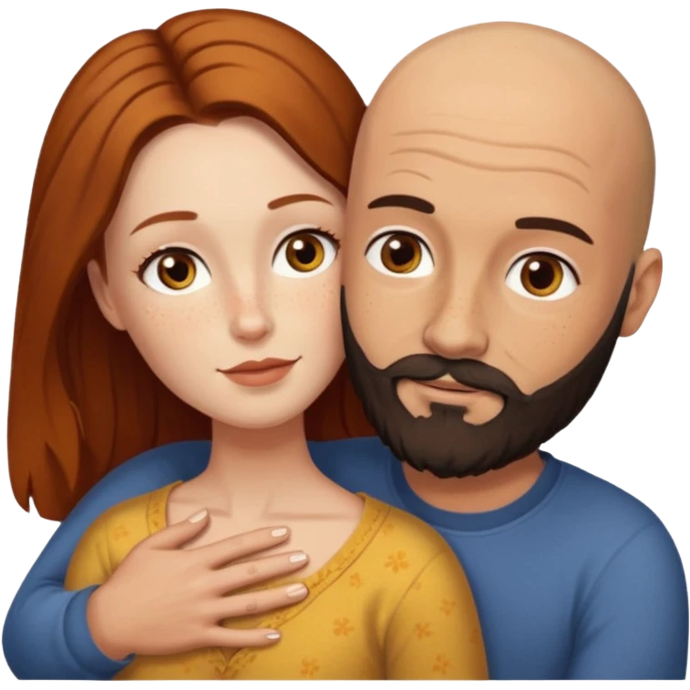 Couple. Bald man with dark brown-black beard. White woman with many small, faded freckles, she has white skin and she has auburn-yellow-brown-cinnamon, dark long hair. She has light brown eyes. The man have hazel eyes. Retro style. They hug. emoji