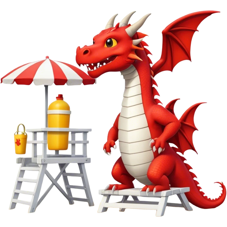 dragon in a white lifeguard t-shirts in a lifeguard stand in the summer on the beach and in a lifeguard stand emoji