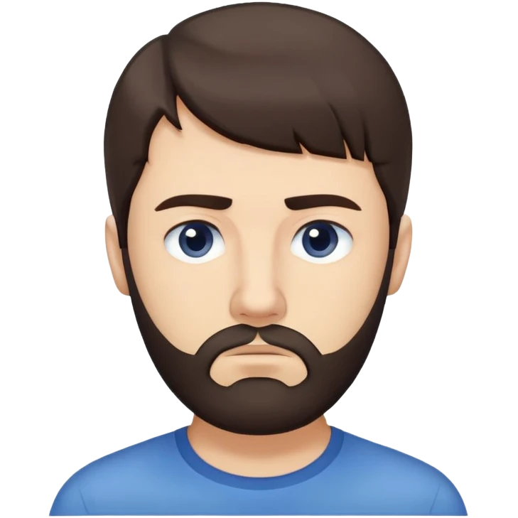 Caucasian man with straight dark brown hair styled loose with fringe, short full beard, neutral serious expression, simple blue shirt emoji