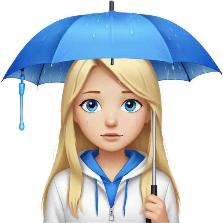 Cinematic realistic emojis in the form of a blonde girl with long hair, blue eyes and a straight nose, wearing a white hoodie, holding an umbrella above her, on which rain is dripping emoji