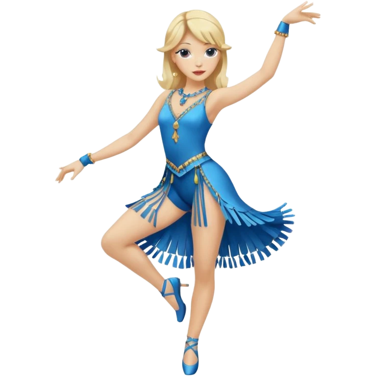 blue jazz style dance costume with tassels on blonde full body emoji