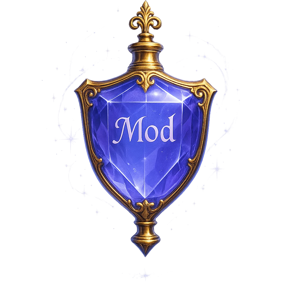 luxurious crystal elixir bottle in shield shape, color #7986cb, with inscription 'Mod', lots of glow, edges, ornaments, golden details, magical effects, very small golden neck, transparent background, beautiful seamless bottom, bottle clearly floating in air, no base or shadow, premium class, modern, fits collection emoji