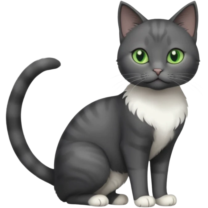 full body view of beautiful female solid dark grey cat with green eyes, white toes/paws and white patch on her chest emoji