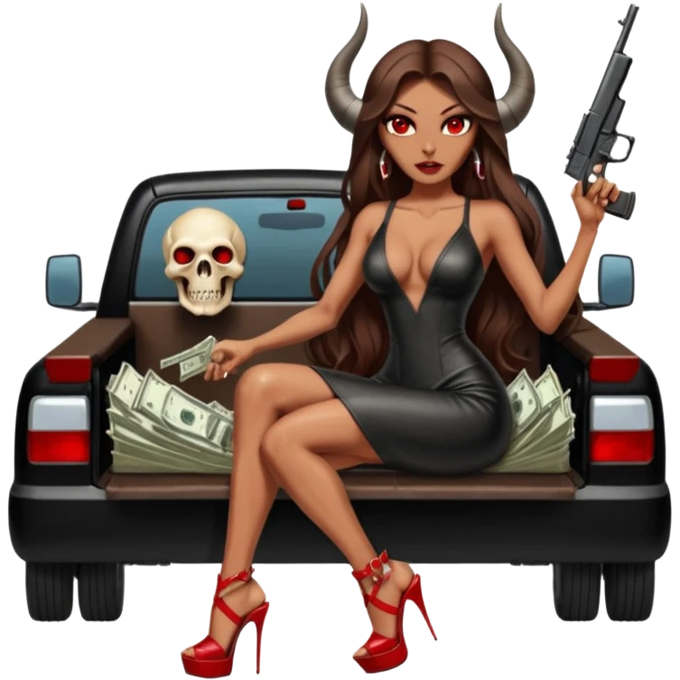 Lilith symbol red eye seductress evil long brown haired sexy succubus woman with leather long dress with slit on, sitting in Big Large F350 pickup truck. Platform long high heels on feet. Back seat full of stacks of cash, she is  Holding a man dead human skull of her enemies and a gun in other hand emoji