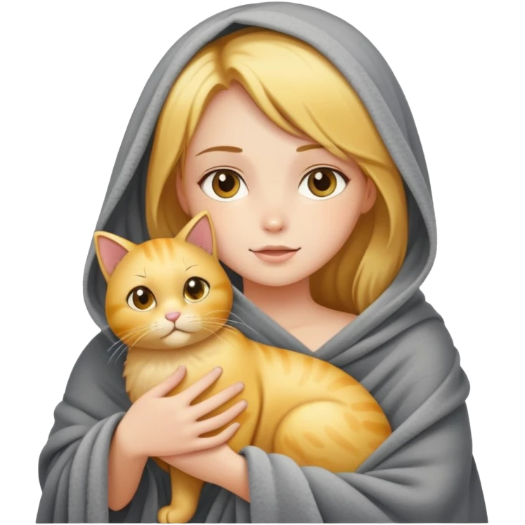 A beautiful girl with fair skin who just took a shower, wrapped in a gray blanket and holding a golden cat emoji