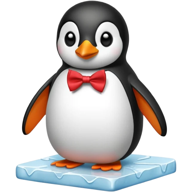 penguin, red bow tie, standing on small ice melting block emoji
