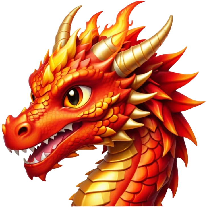Cinematic Cute Fierce Fire Dragon Portrait Emoji, Head tilted playfully and inquisitively, showcasing a robust, flame-embellished form with intricately detailed scales in vibrant reds and glistening golds, accented by flickering ember highlights and a warm, inviting glow; rendered with lifelike detail and radiant natural light, high shine, spirited yet endearing, styled with a touch of blazing whimsy, soft glowing outline, capturing the essence of a mischievous yet charming inferno that seems ready to dance with playful fire! emoji