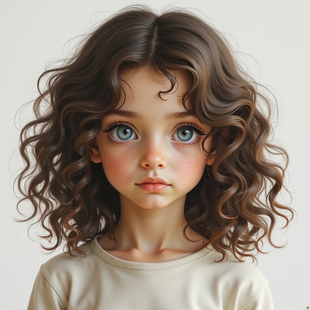 a girl with curly hair, pale skin, and blue eyes, realistic illustration style emoji