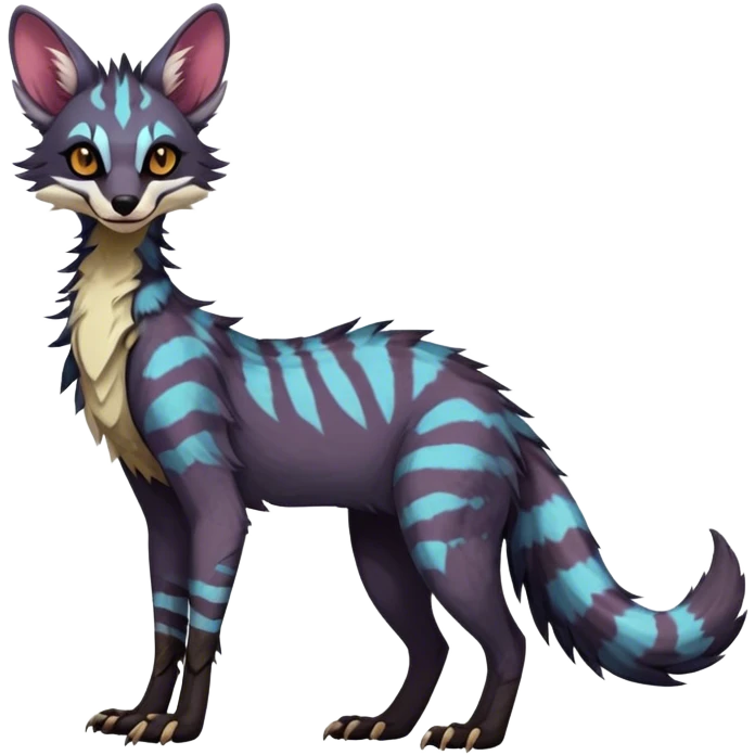 Feral Rare Fantasy dark vibrant Vernid-Sergal-Genet-Trico-species by LiLaiRa, random markings, tufted tail, tufted ears, full body emoji
