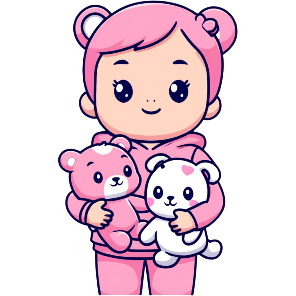 cute toddler girl with pastel pink clothes holding a pink teddy bear emoji