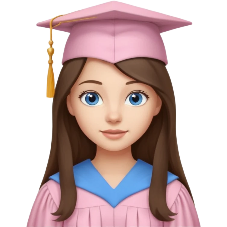 young brunette girl long hair, blue eyes and light pink gown and cap university graduate emoji