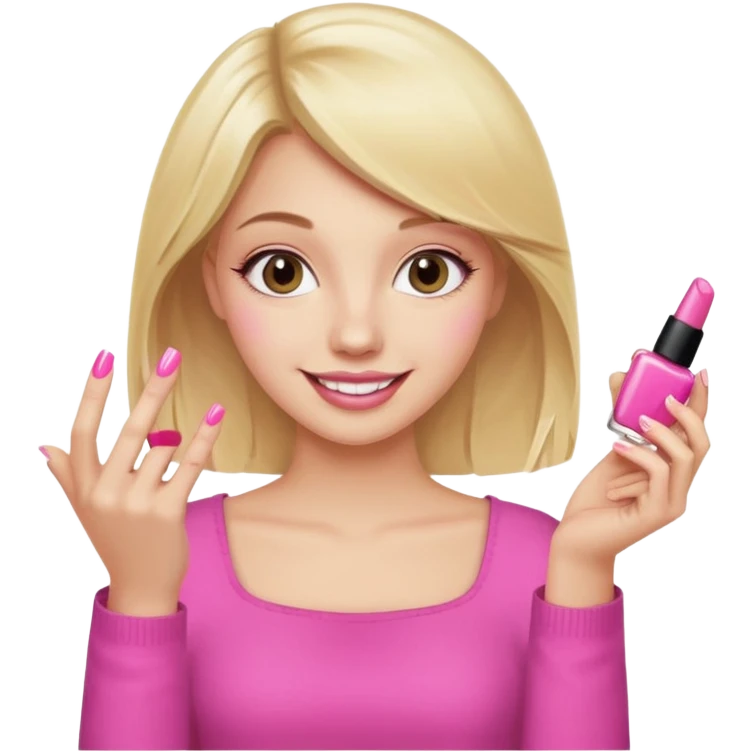 A happy blonde girl in pink holds nail polishes in her hand emoji