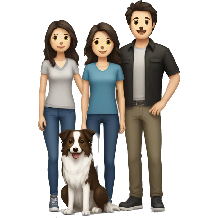 family group consisting of one brunette long hair woman, one brunette short hair man and one border collie emoji