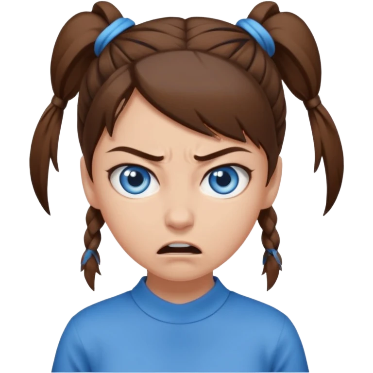 girl with blue eyes, brown hair tied up, angry emoji