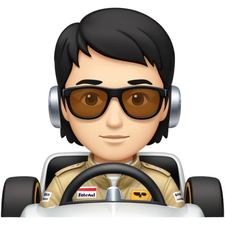 a men with black hair and sunglasses that is driving a f1 car emoji