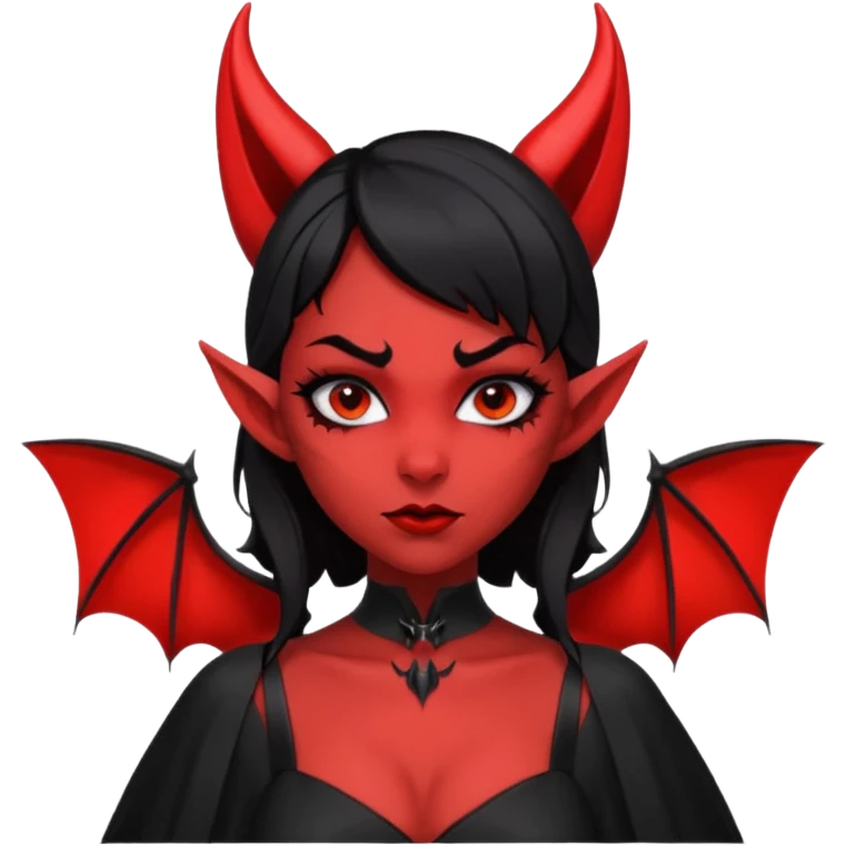 demon girl, skin red (no pale/blush), black hair, small horns, pointed ears, bat wing, black open-back dress, bold black outlines, red+black palette emoji