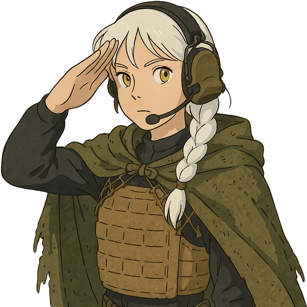 1 female, mid 20's, white hair in a long braid, gold yellow eyes, adorned in a black long sleeve shirt, tan body armor and a worn olive-green cloak with netting holding it together. She wears a COMTAC headset. is giving a stealthy salute emoji