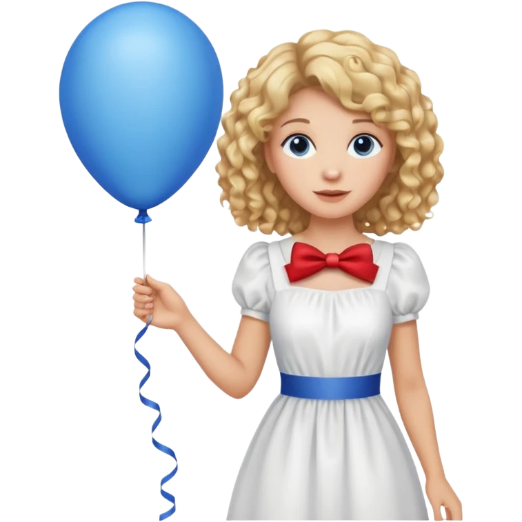 Woman curly blonde with blue balloon, white dress emoji