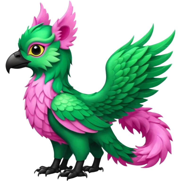 Emerald-green gryphon with a long tufted tail, black beak, pink swirly pattern markings, black claws, black tail, majestic, realistic, furry (full body) emoji