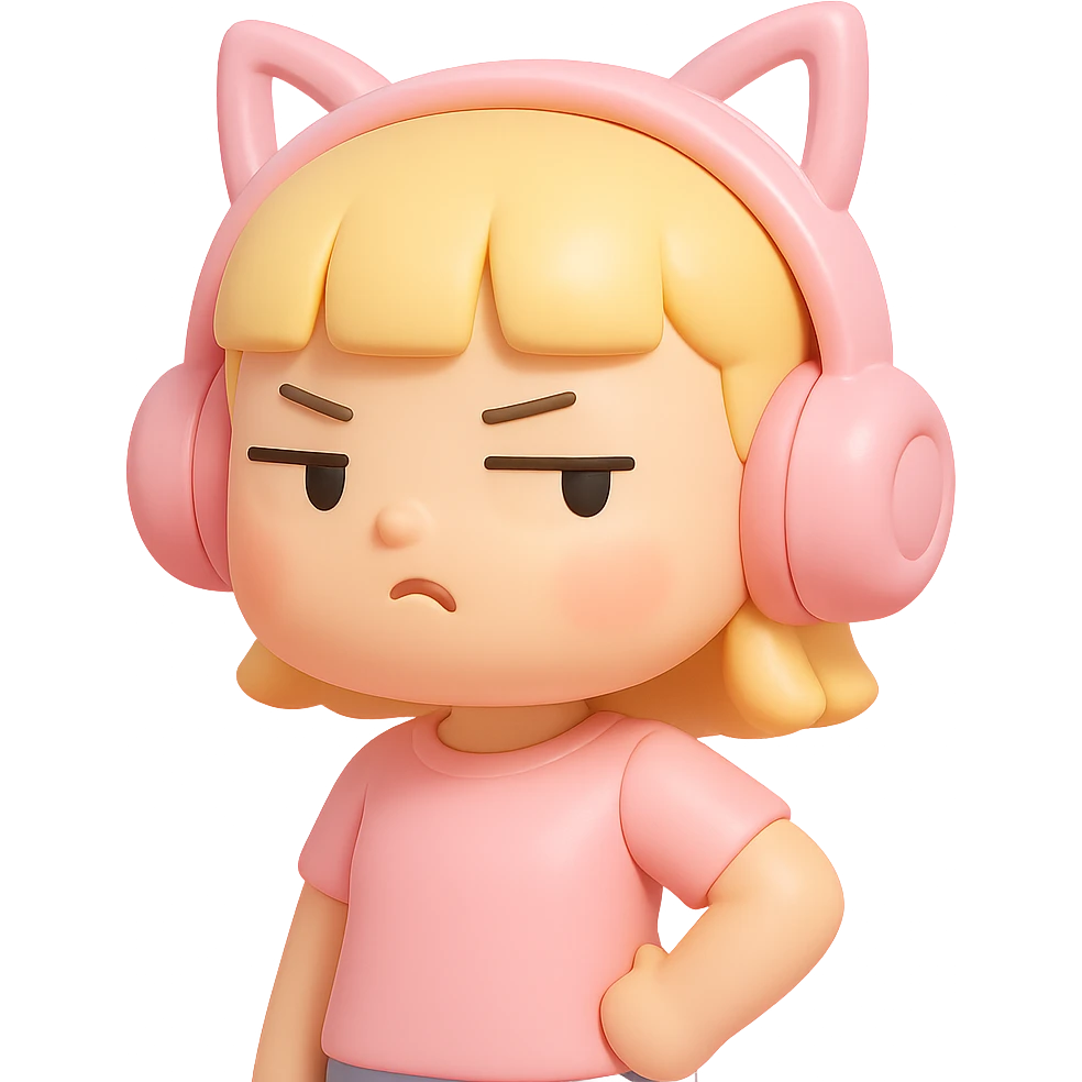 sassy blond girl with short bangs and pink kitty-ear headset emoji