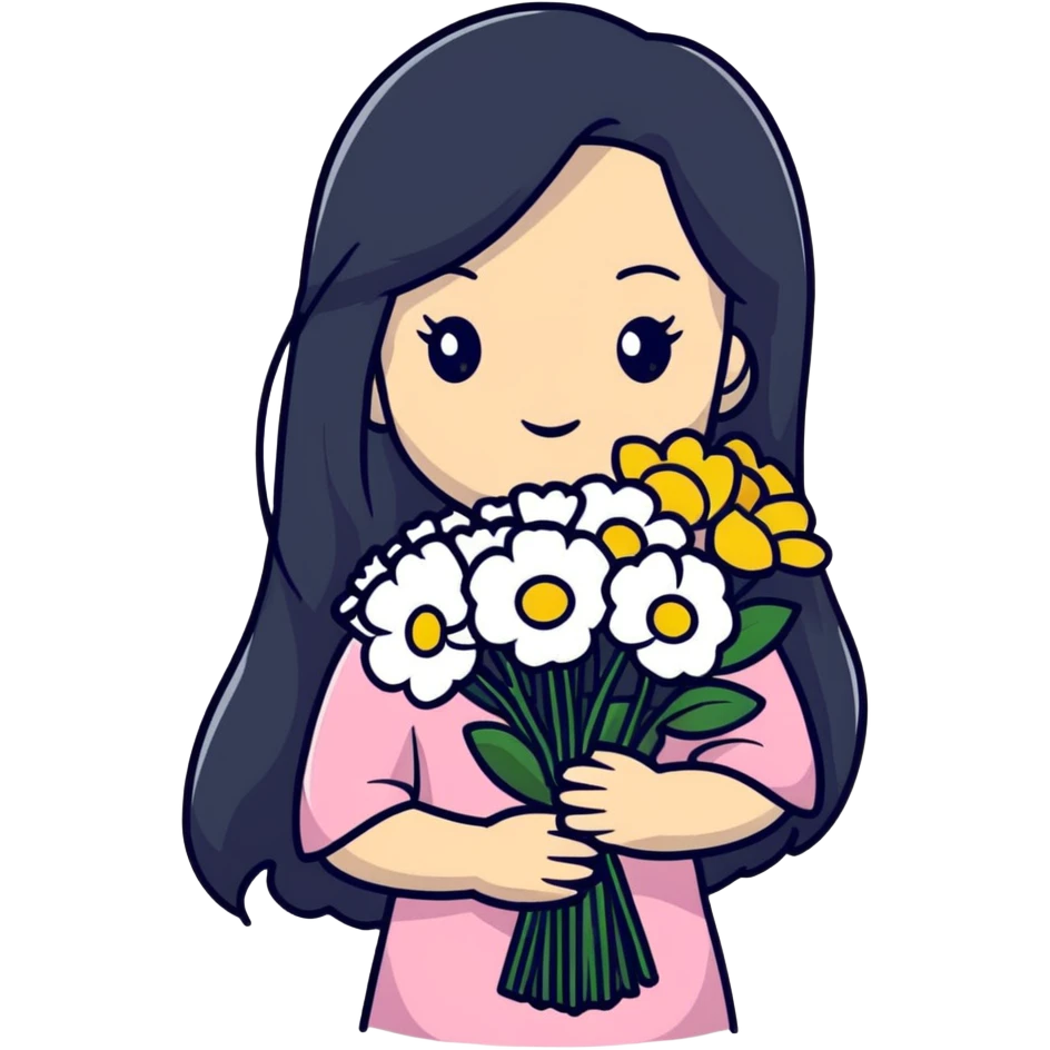 beautiful girl with long black hair holding a bouquet of flowers emoji