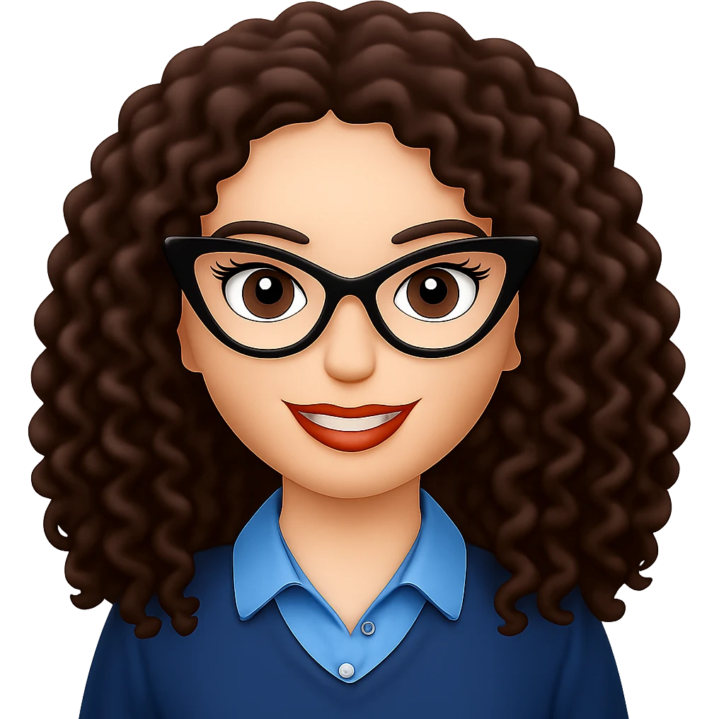 Change to cat-eye glasses, keep lady with long dark brown curly hair, in emoji style with no background. emoji