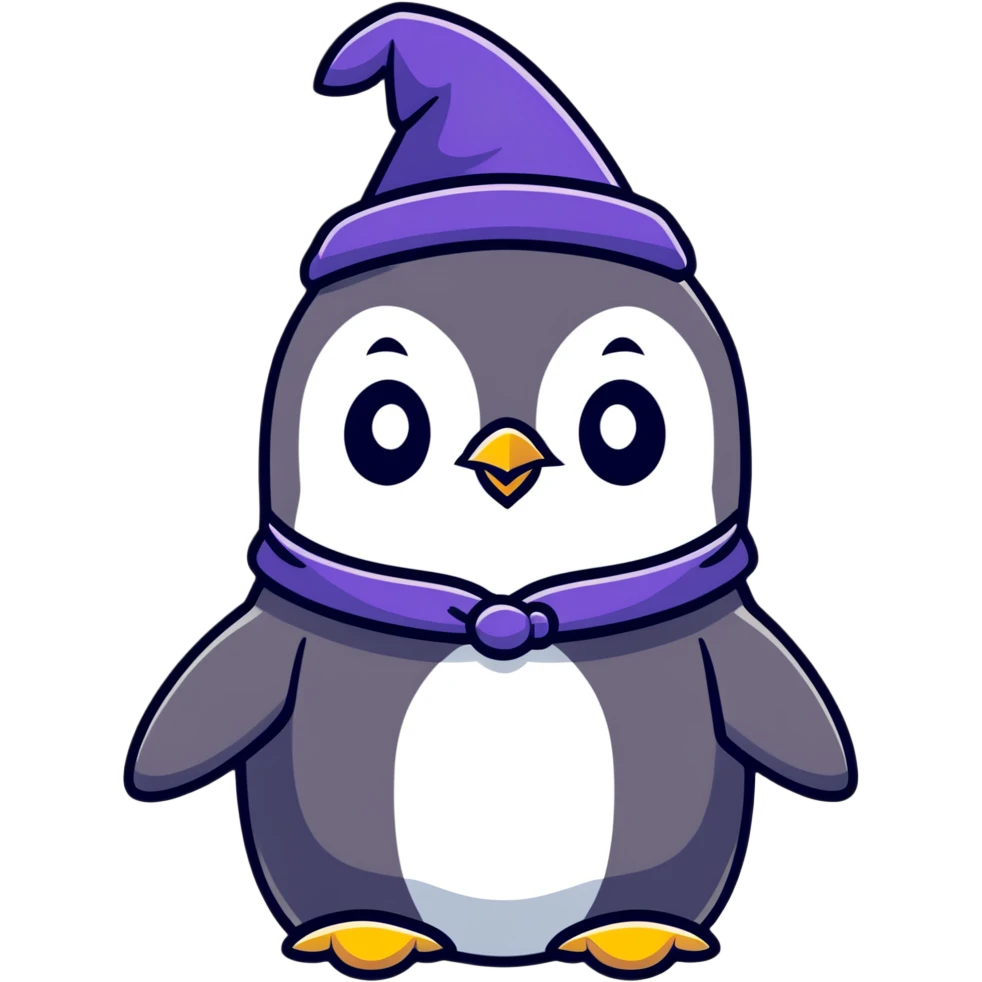 penguin wizard with cute expression and magical sparkles emoji