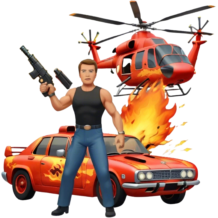 Icon for Action Movies: Arnold Schwarzenegger in the lead role, in an intense action pose with weapons, explosions, a car and helicopter flying out of flames in the background. The design should capture the explosive energy and heroism of classic action films. Transparent background. emoji