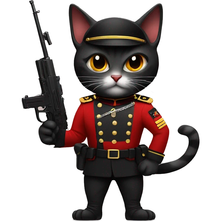 Evil cat wearing black and red military uniform with big gun  emoji