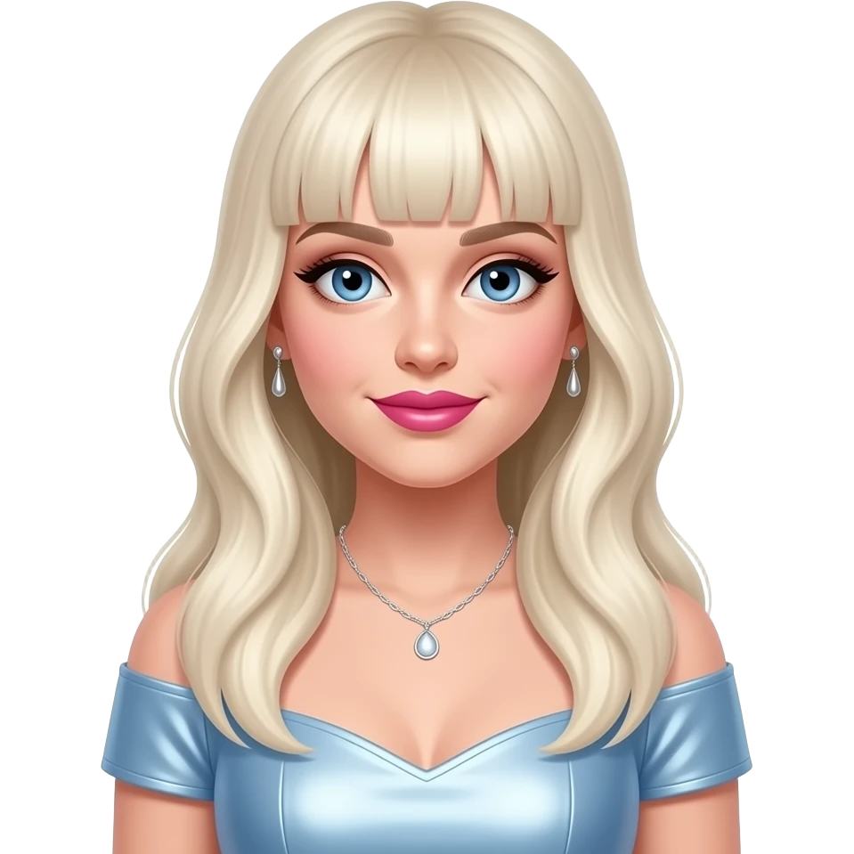 Sabrina Carpenter with blue eyes, long platinum blonde hair with bang, white eyeshadow, hot pink lipstick, light blue metallic off shoulder dress, silver necklace and earrings emoji