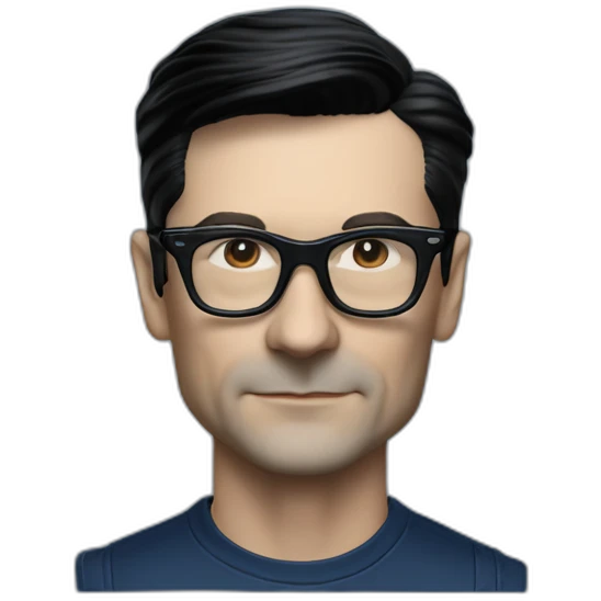 photo realistic Ralf Hutter from Kraftwerk, short straight black hair, black glasses, Dark Blue T-shirt, thin, in black tesla model 3 emoji