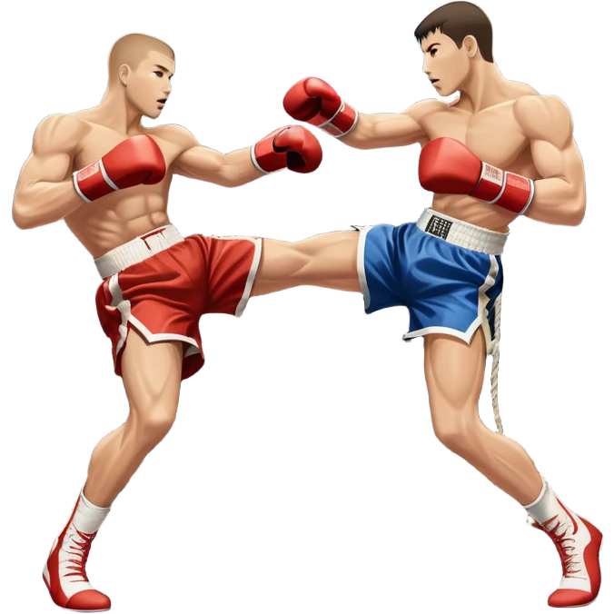 An icon symbolizing kickboxing, featuring two fighters in the ring. One throws a powerful high kick, while the other counters with a punch. The background shows a boxing ring with ropes and a crowd in the distance. Transparent background emphasizes the dynamic energy emoji