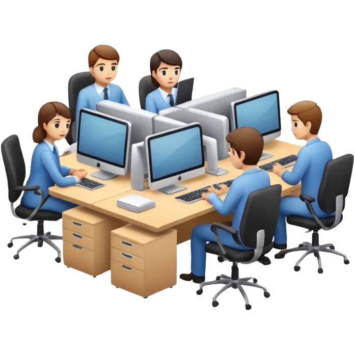 compact office space with workers at computers, representing a medium business, Apple iOS style, soft lighting, glossy finish, white background emoji