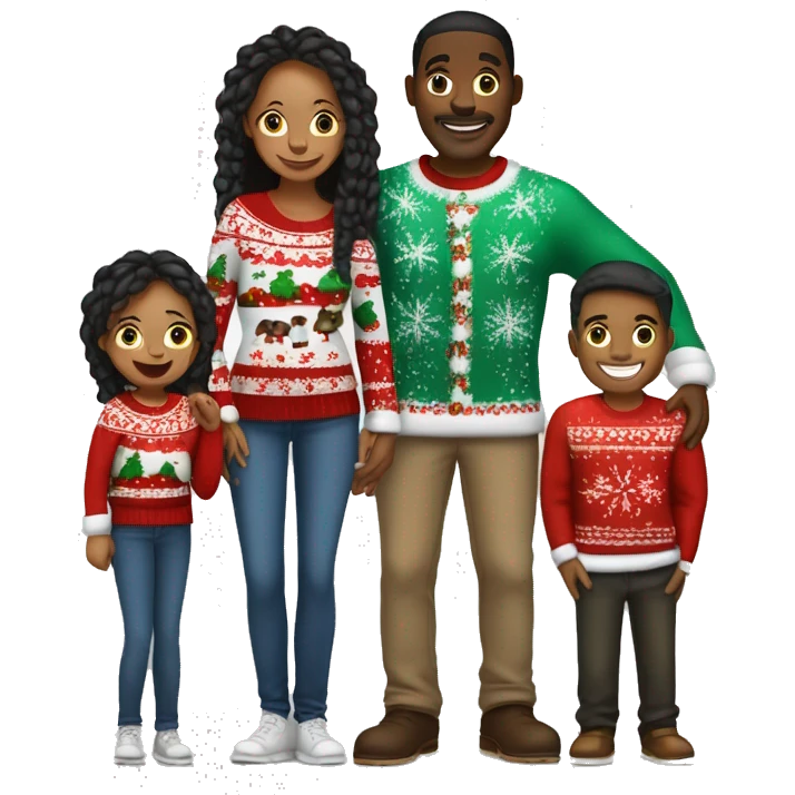 Black family of four members with Dad, Mom, Son, and Daughter. The Son and Daughter are teenagers. The Mom has braids. The Dad is light skinned.All family members are wearing Christmas sweaters and Santa hats.  emoji