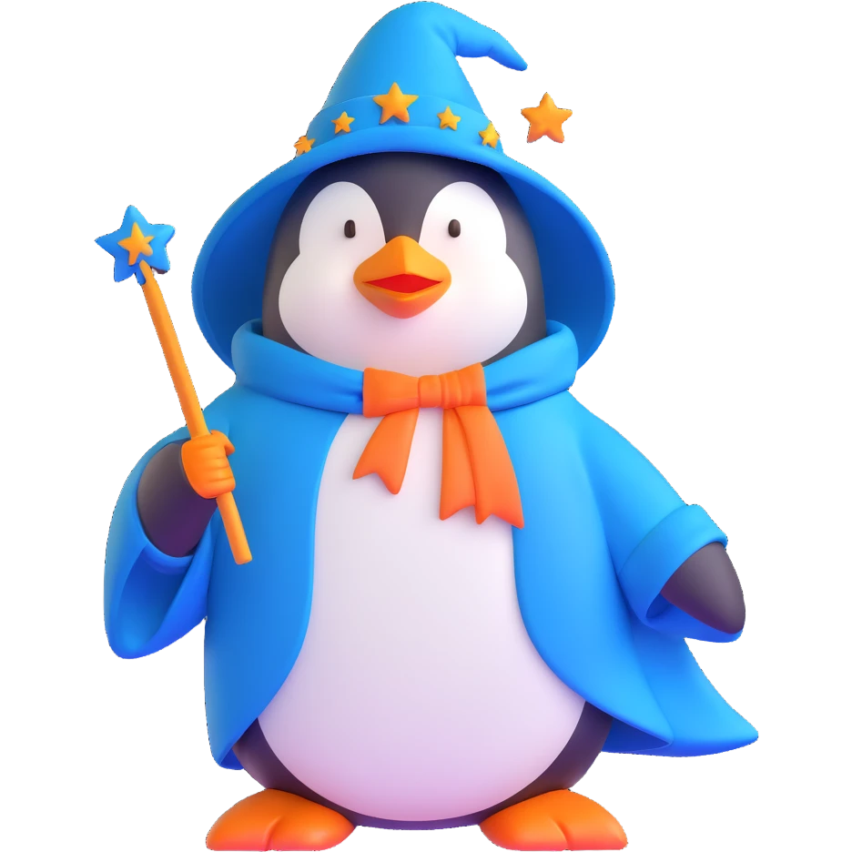 penguin wizard with a blue robe and starry hat emoji